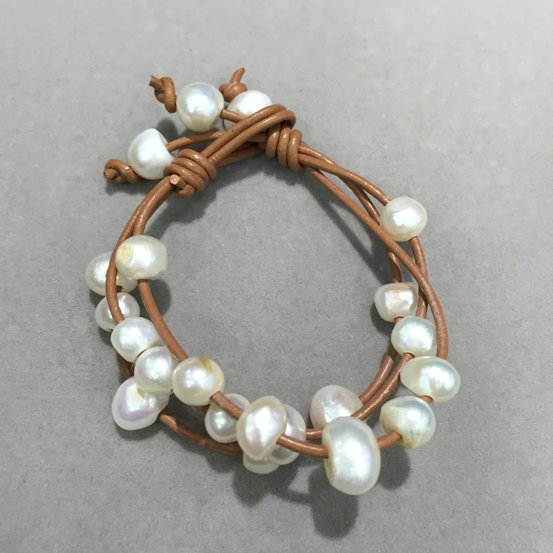 Casual sporty  Baroque Natural Fresh water Pearl bracelet brown  leather  fashion women jewelry 10MM some hole or spots