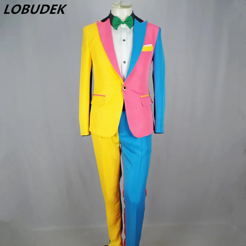 Irregular Colorful Men\'s Suits Magician Clown Performance Stage Outfits Nightclub Male Singer Host Blazers Pants Suit DS Costume