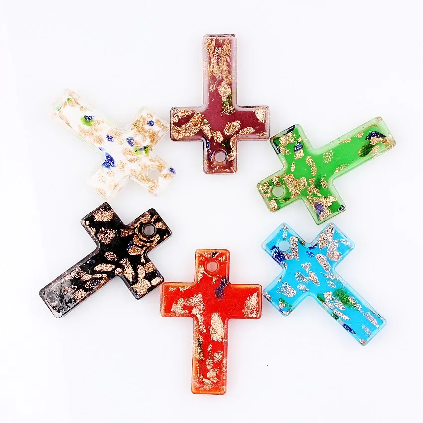 QianBei Wholesale 6pcs Handmade Murano Lampwork Glass Cross Pendant For Necklace P0067