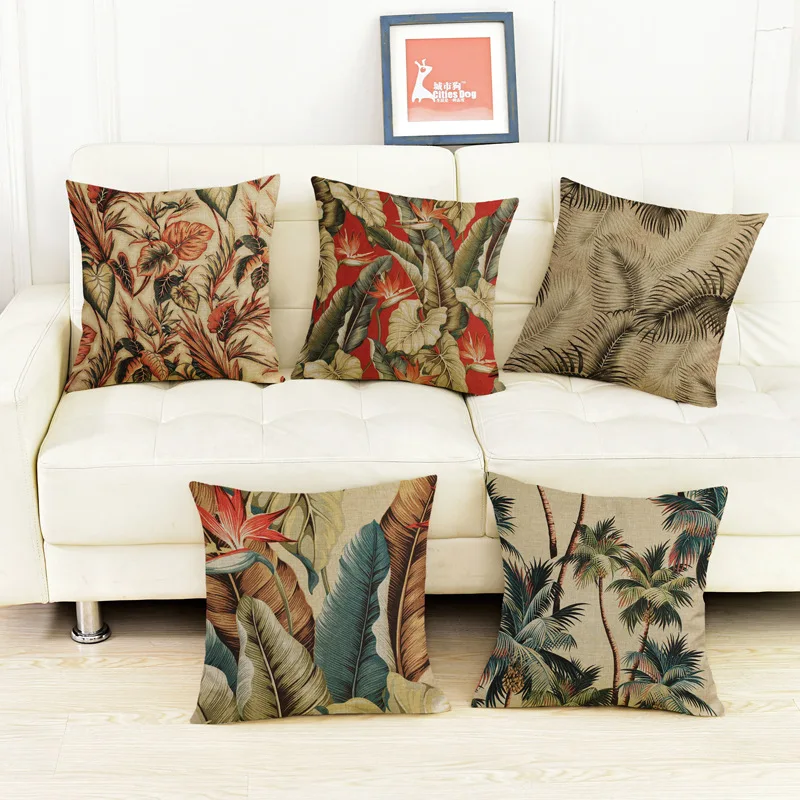 Hand Painted Tropical Plant Leaf Flower Tree Style Cotton Linen Cushion Cover Palm Leaf Floral Decorative Sofa Chair Pillow Case