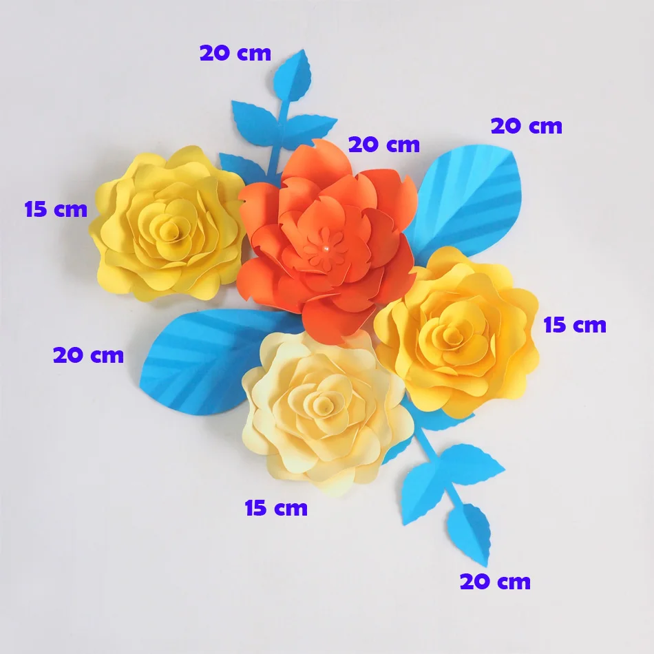 DIY Giant Paper Flowers Artificial Rose Fleurs Artificielles Backdrop 4pcs+ 4 Leave Bedroom Wall Decor Nursery Yellow Orange