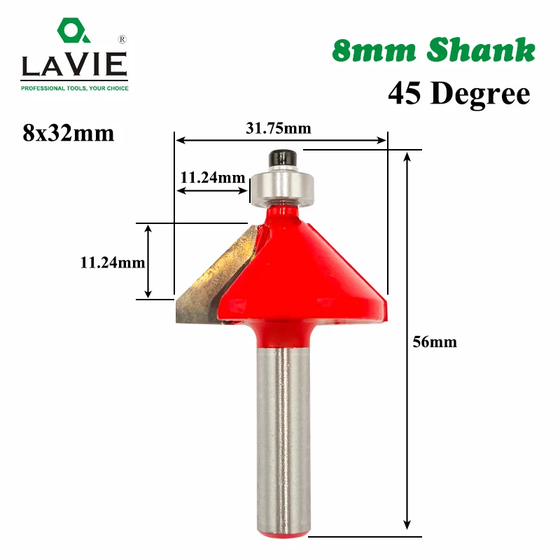 LAVIE-Mèche biseautée résistante à 45 chanfreins MC02021, 1 pièce, tige de 8mm, mèche de fraisage affleurante, travail de calcul