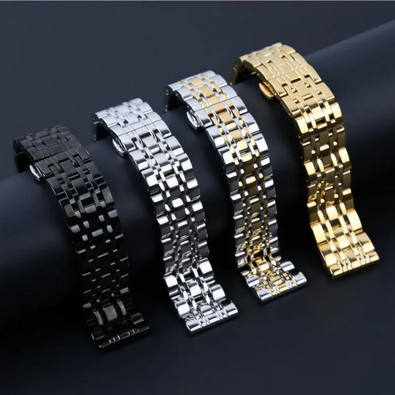 Metal Stainless Steel Watch Band Wrist Strap 16mm 18mm 20mm 22mm Butterfly Clasp Bracelet Men Women Black Rose Gold with Pins