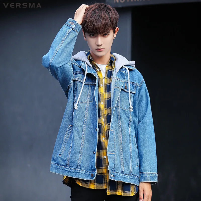 VERSMA 2017 Spring Japanese Harajuku BF Oversized Hooded Denim Shirt Men Shirt Long Sleeve Hip Hop Casual Denim Jacket Men Coat