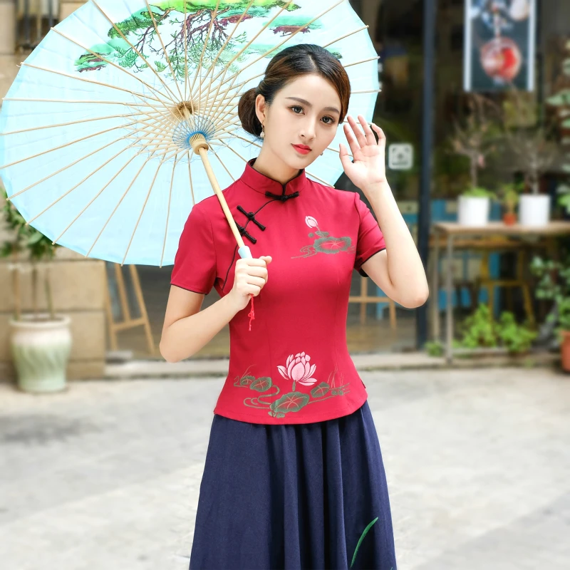 Sheng Coco Female Elegant Qipao Tops Hanfu Chinese Style Lotus Print Flowers Pink Red Plate Button Short Cheongsam Shirt Clothes