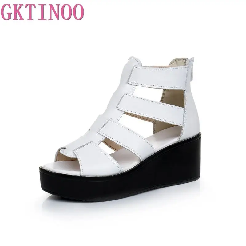 GKTINOO Sandali Delle Donne Cunei Talloni del Cuoio Genuino Peep Toe di Modo di Estate Gladiatore Femminile Sandali Della Piattaforma di Scarpe Da