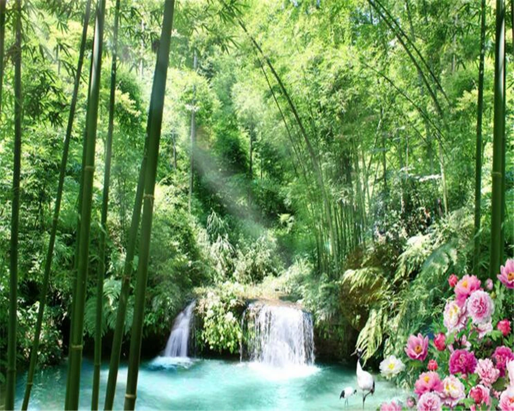 carta da parati per pareti 3 d Cascata di bambù Peonia paesaggio TV sfondo Tela autoadesiva Carta da parati 3D foto murales