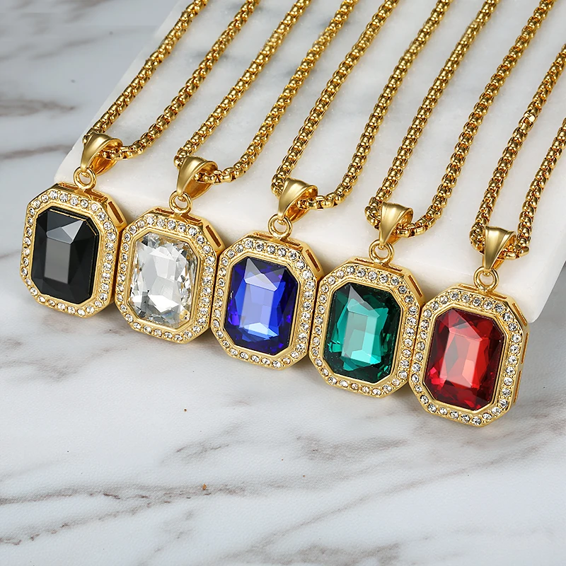 Iced Out Small Square Black Crystal Pendant Necklace For Men/Women Bling Rhinestone Hip hop Jewelry With Box Chain Drop Shipping