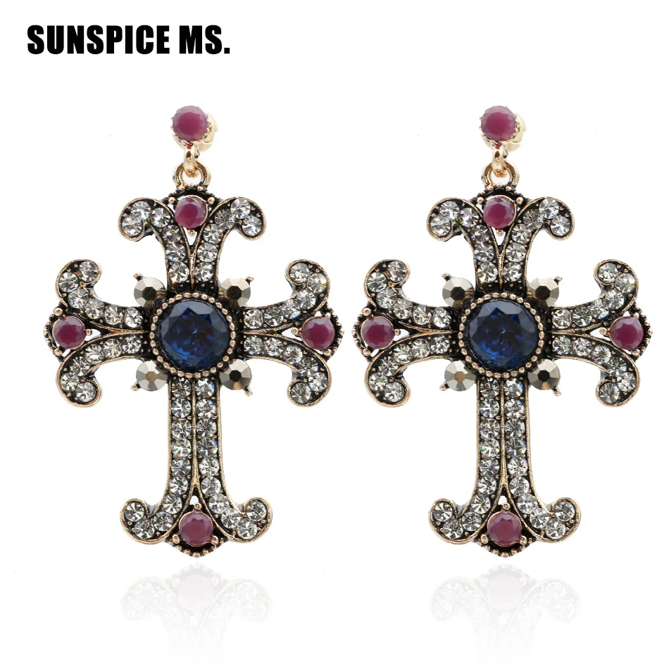 Holy Gorgeous Vintage Cross Dangle Earring Antique Gold Color Women Resin Jewelry For Religious Activities Indian Drop Earrings