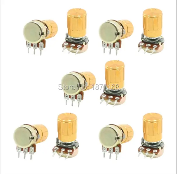 10 Pcs WH148 - 500K ohm 3-Pin 6 mm poros perpecahan, Rotary Linear lancip potensiometer w Knob