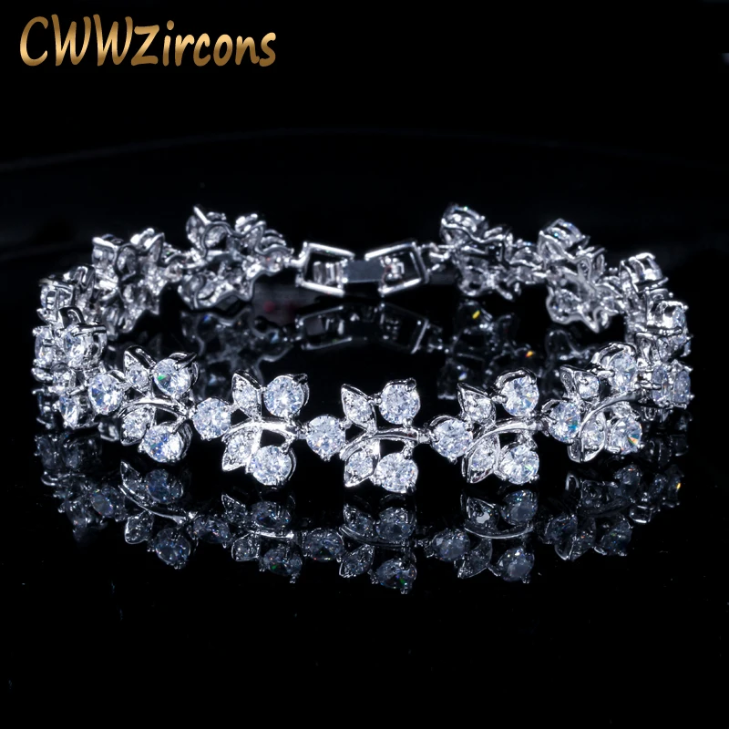 CWWZircons Classic Leaf Shaped Cubic Zirconia Bracelets White Gold Color Fashion Women CZ Bracelet Jewelry Accessories CB175