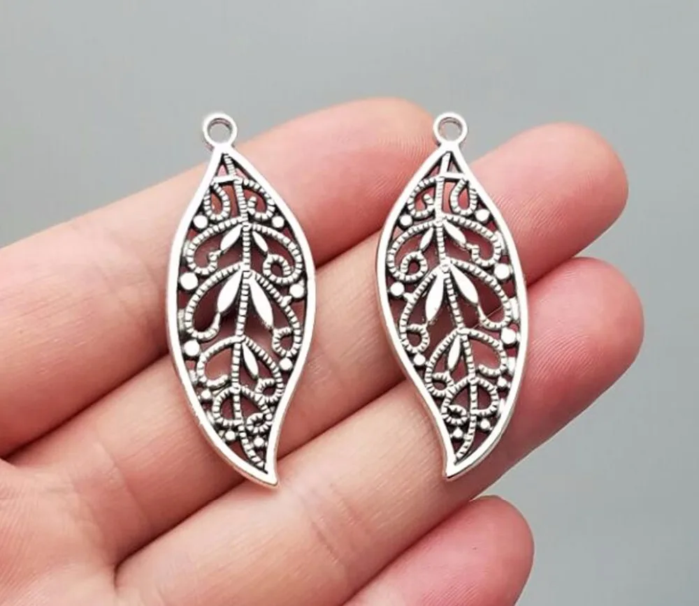 

10pcs/lot--43x17mm Antique Silver Plated Filigree Leaf Charms Pendants DIY Earring Supplies Jewelry Making Finding Accessories