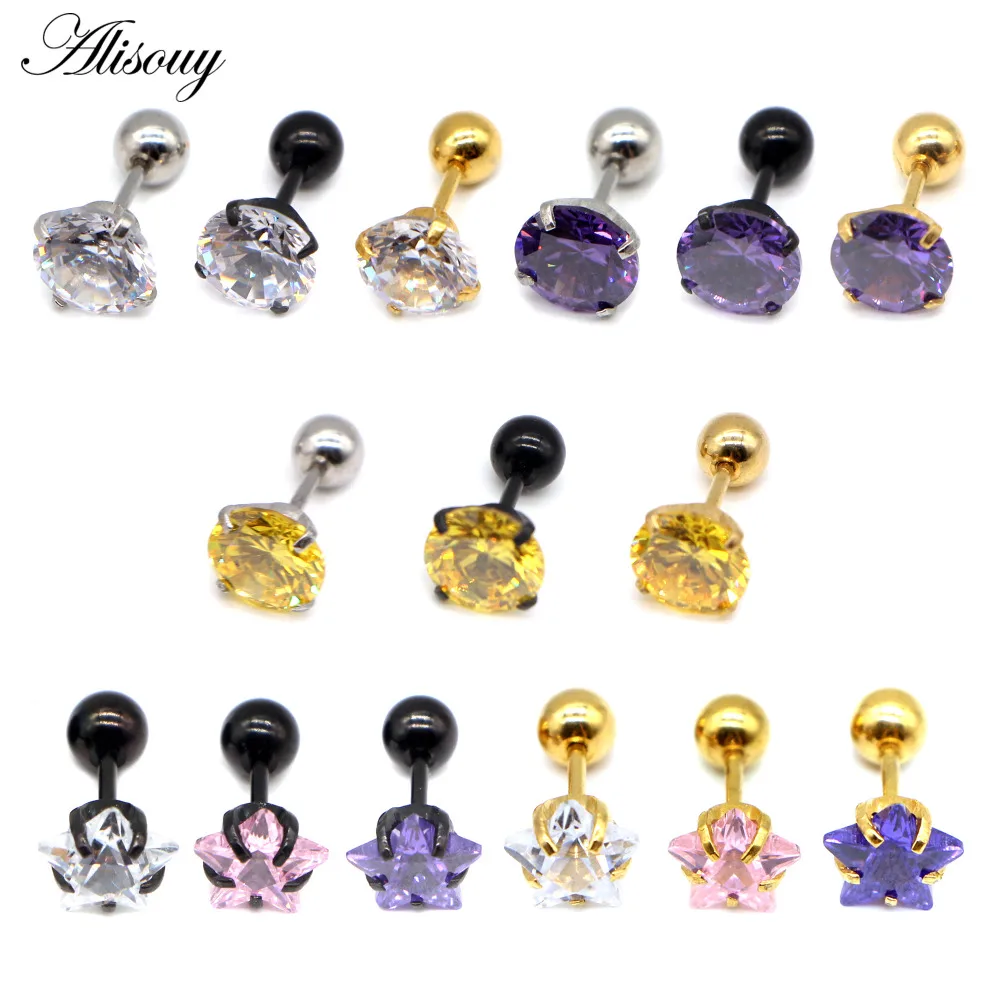 Alisouy Medical Stainless steel zircon earrings Size 3/4/5/6mm Star Crystal Cartilage Earring ear Piercing DIY Top Body Jewelry