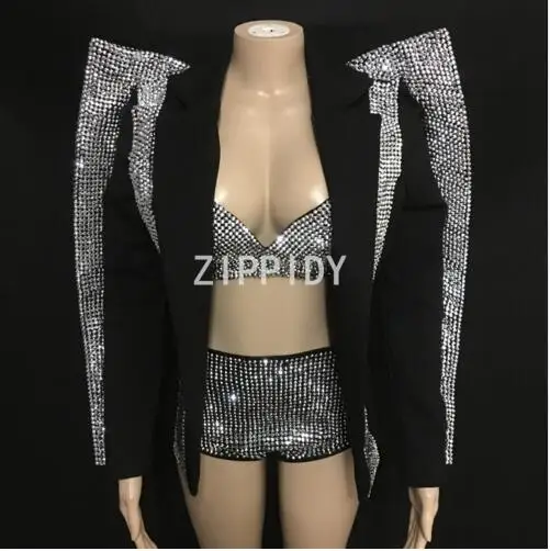 Conjunto de sujetador y Chaqueta corta con diamantes de imitación plateados para mujer, ropa negra para escenario, atuendo Sexy para fiesta de