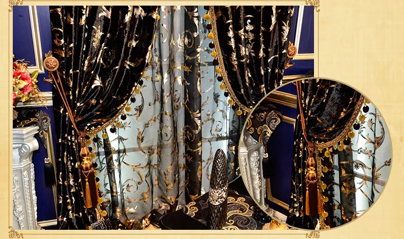 Custom curtain black gold European American high quality curtain luxurious velvet Bronzing cloth blackout curtain valance E655 image 5