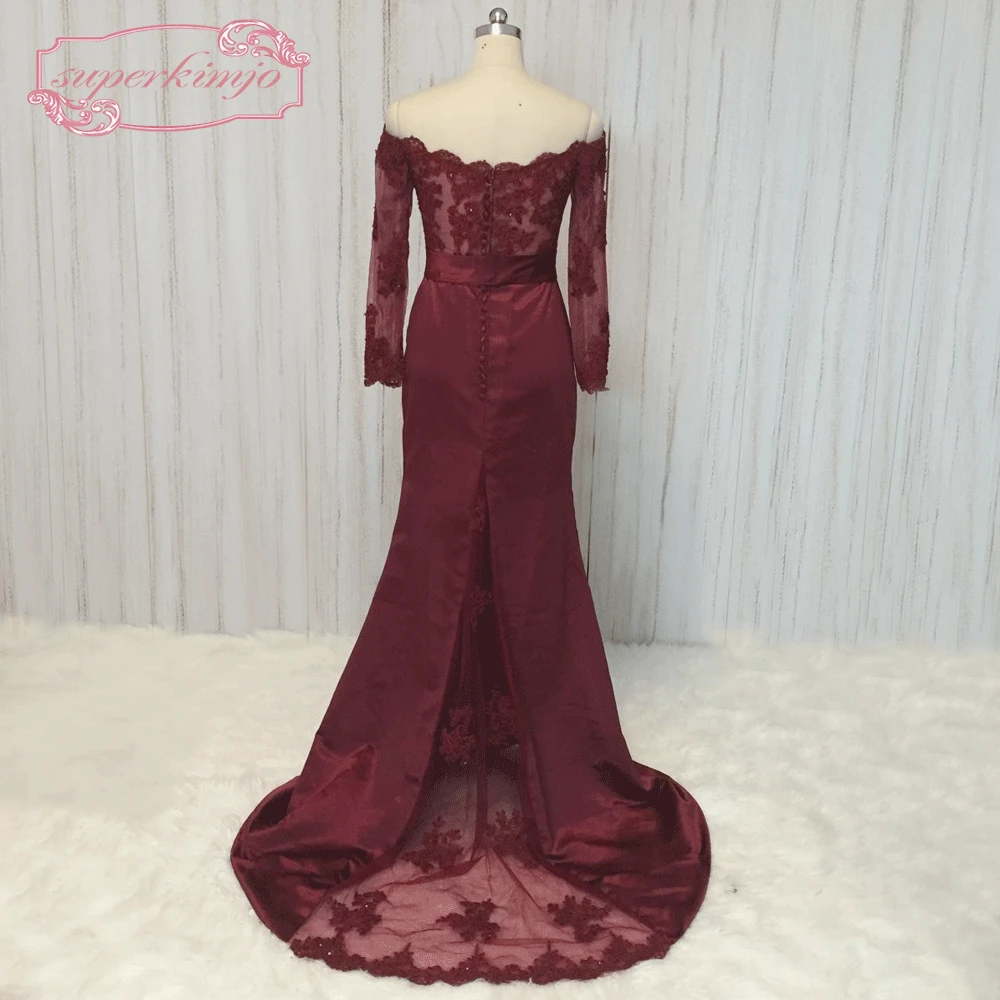 SuperKimJo Vestidos De Fiesta Burgundy Evening Dresses Long Sleeve Lace Applique Beaded Mermaid Modest Formal Party Dresses