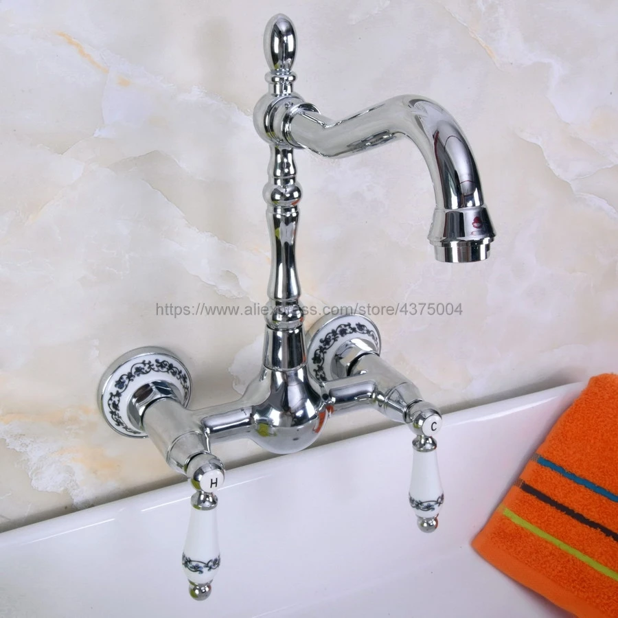 

Polished Chrome Bathroom Basin Swivel Spout Faucet Wall Mounted Dual Ceramic Handles Vessel Sink Mixer Taps Nnf963