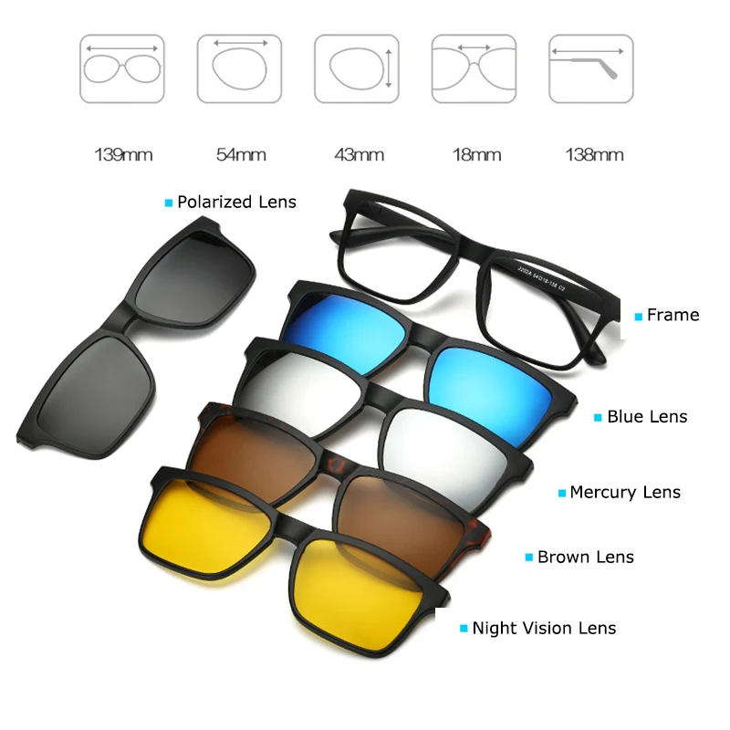 Fashion Spectacle Frame Men Women With 5 Pieces Clip On Sunglasses Polarized Magnetic Glasses Male Driving Myopia Optical RS120 - Image 5