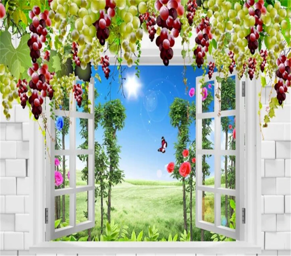 Decorative wallpaper 3D grape window scene background wall painting