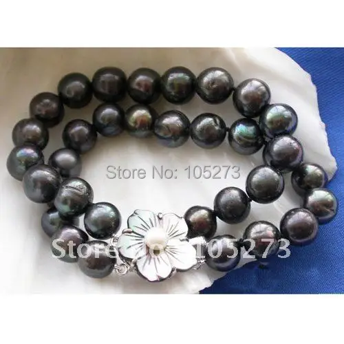 2ROW 12MM BLACK ROUND FRESHWATER CULTURED PEARL BRACELET SEA SHELL FLOWER CLASP WHOLESALE NEW FREE SHIPPING FN1040