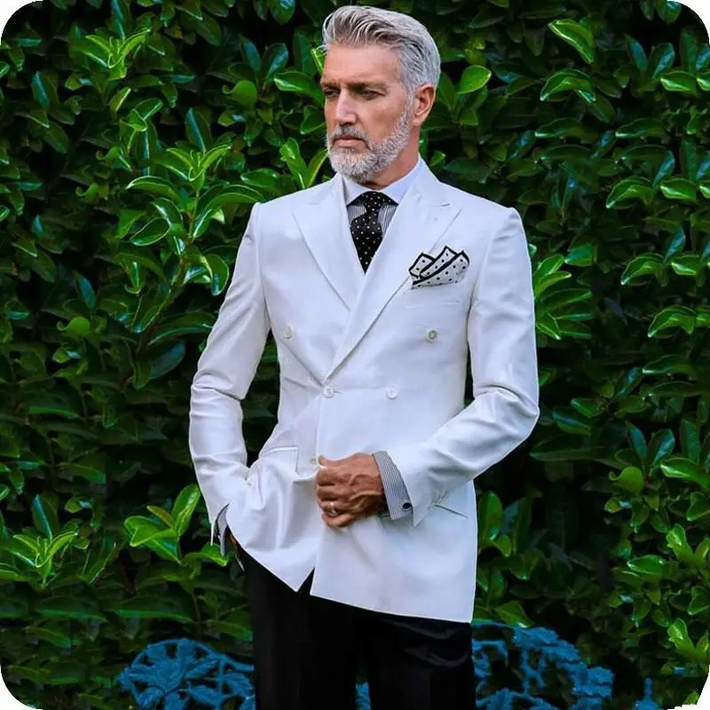 

Hot Recommend Double Breasted White Groom Tuxedos Groomsmen Peak Lapel Mens Suits Blazers (Jacket+Pants+Tie) W:895