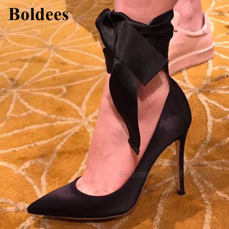 

Unique Designer Women Ankle Straps Side Tied High Heel Dress Shoes Pointed Toe Slip-on Thin High Heels Party Pumps Bride Shoes