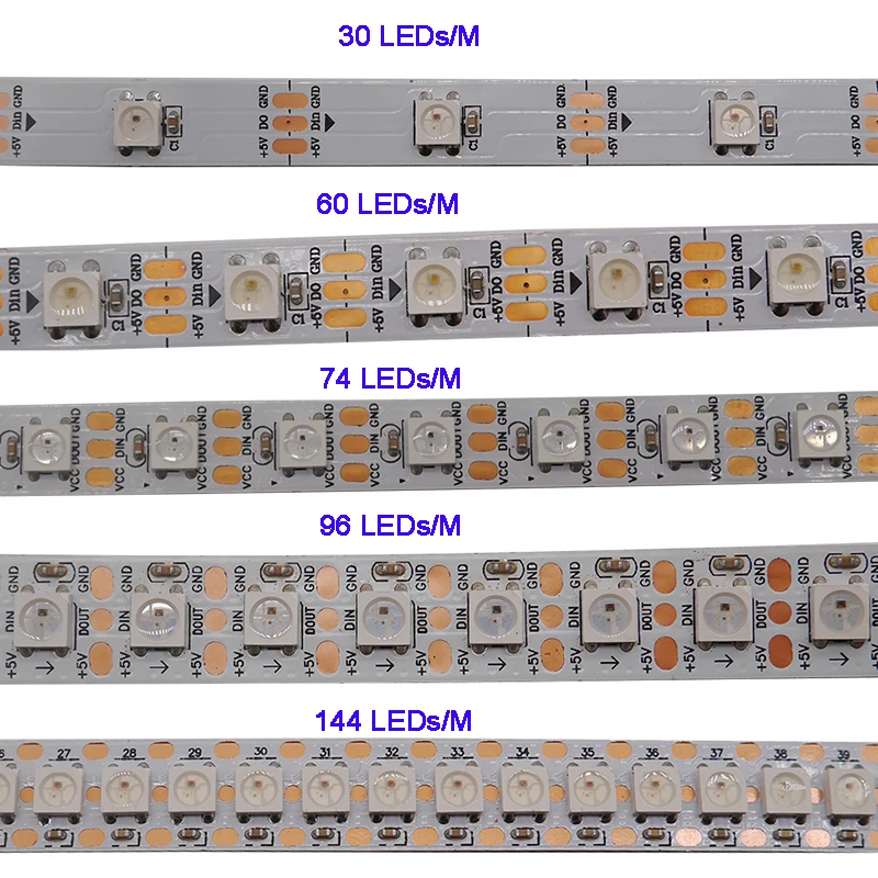 WS2812B 1m/3m/5m 30/60/74/96/100/144 pikseli/diod led/m inteligentna dioda led pasek pikseli, WS2812 IC;WS2812B/M,IP30/IP65/IP67, czarno-biała