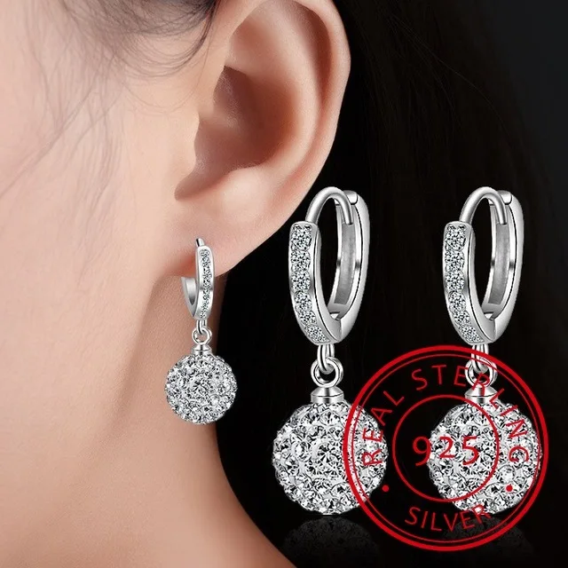 New Arrival!! 925 Sterling Silver 10mm/12mm Beads Earring Rhinestone Crystal Ball Long Tassel Drop Earrings Brincos For Women