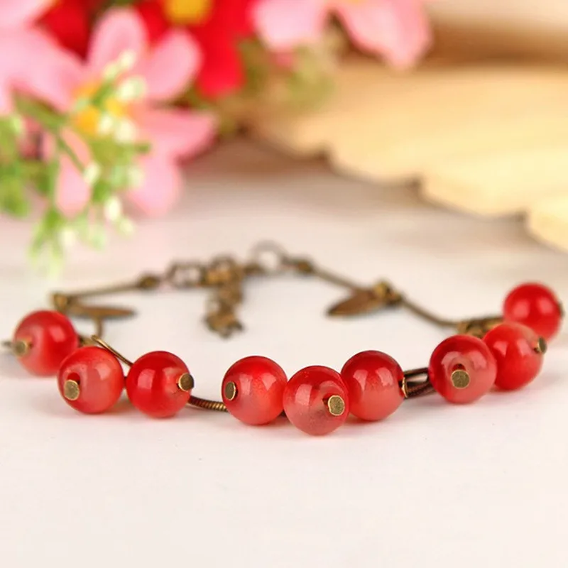 Vintage Sweet Cute Red Cherry Charm Bracelets for Women Small Coin Bead Beautiful Bracelet Girl Gift Mujer Pulseras Hot Sale