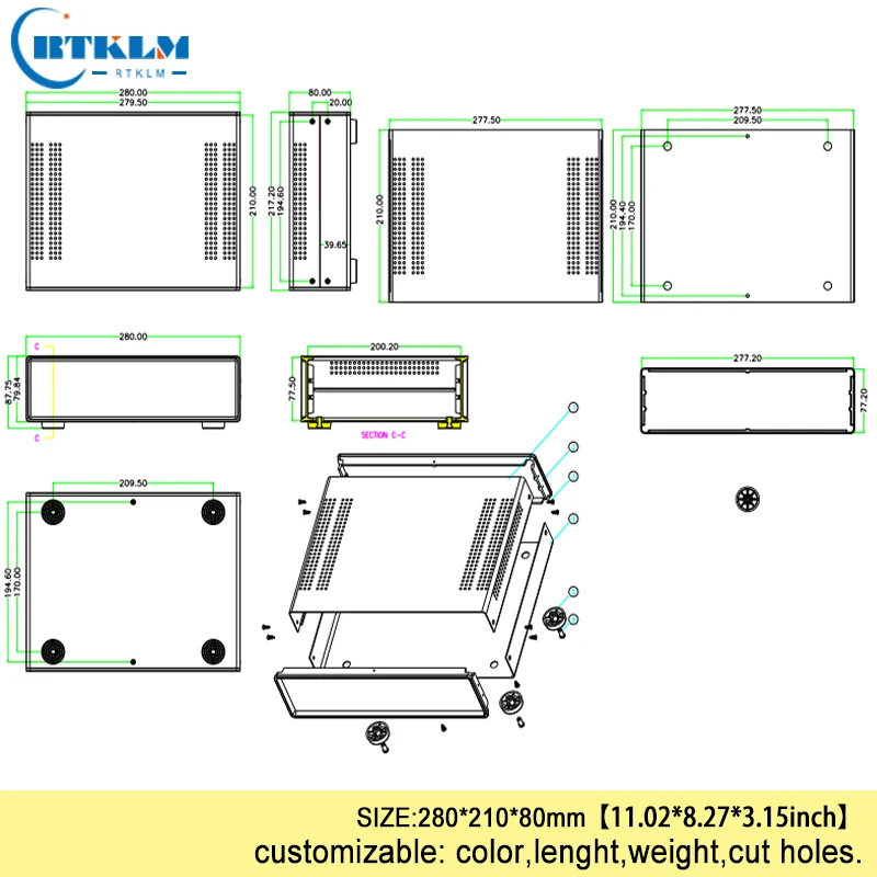 Iron electronic project box custom desktop enclosure Iron junction box DIY housing instrument case 280*210*80mm