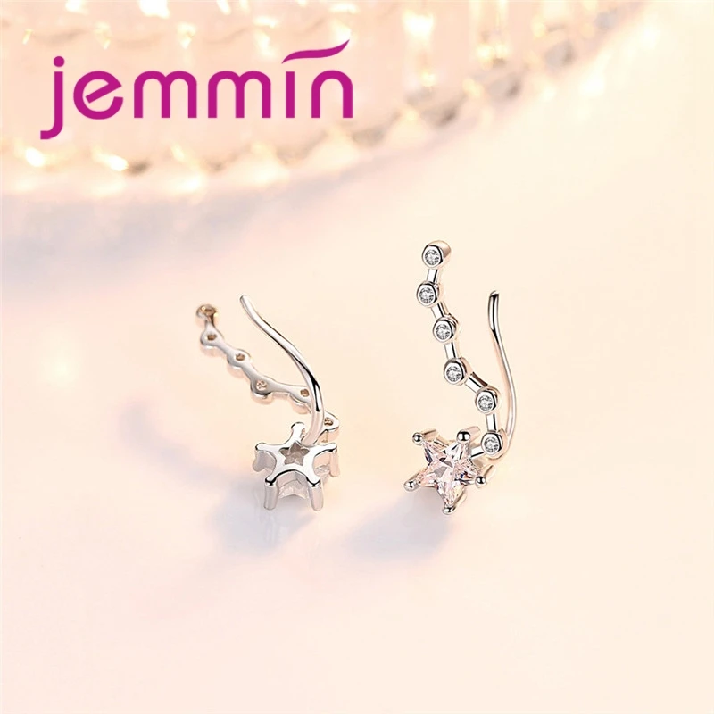 Authentic 100% 925 Sterling Silver  Star Serpentine Style Cubic Zirconia Climber Cuffs Earrings Jewelry Women Ear Clips