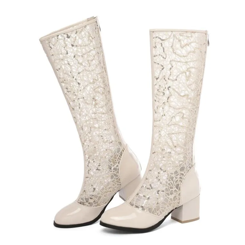 Summer New pattern fashion Round head Sequins Lace Mesh surface High-heeled High cylinder Cool boots white Lace Women sandals