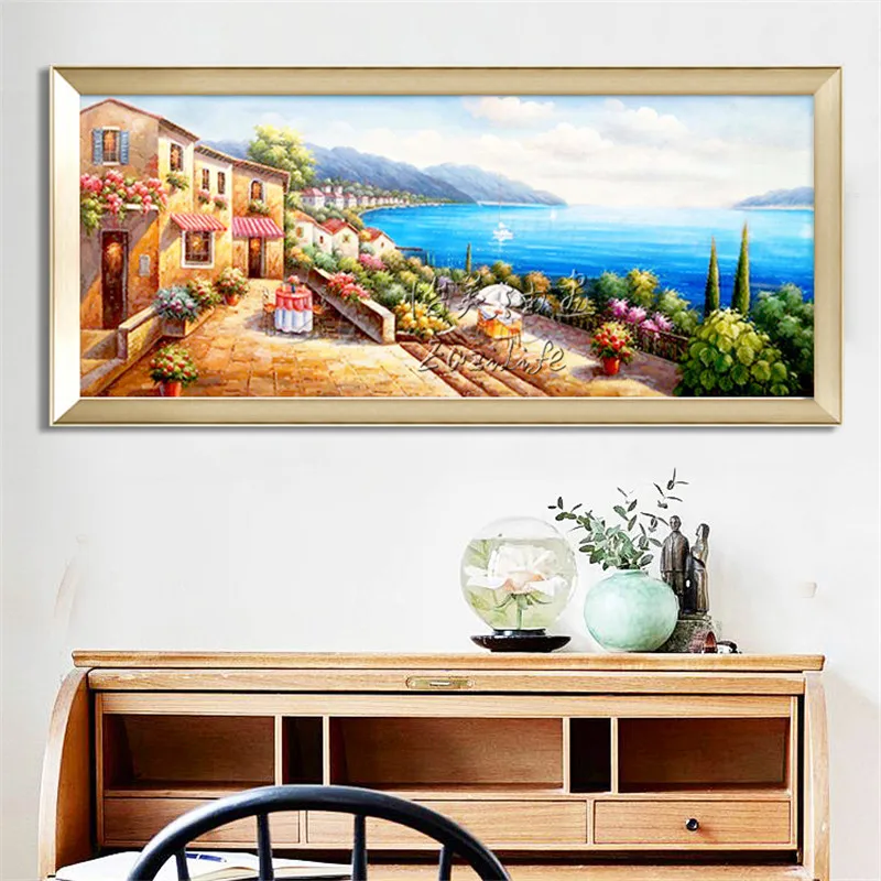 Hand-painted Mediterranean Sea view room painted the sitting room decorates a wall painting on the canvas art wallpaper image 34