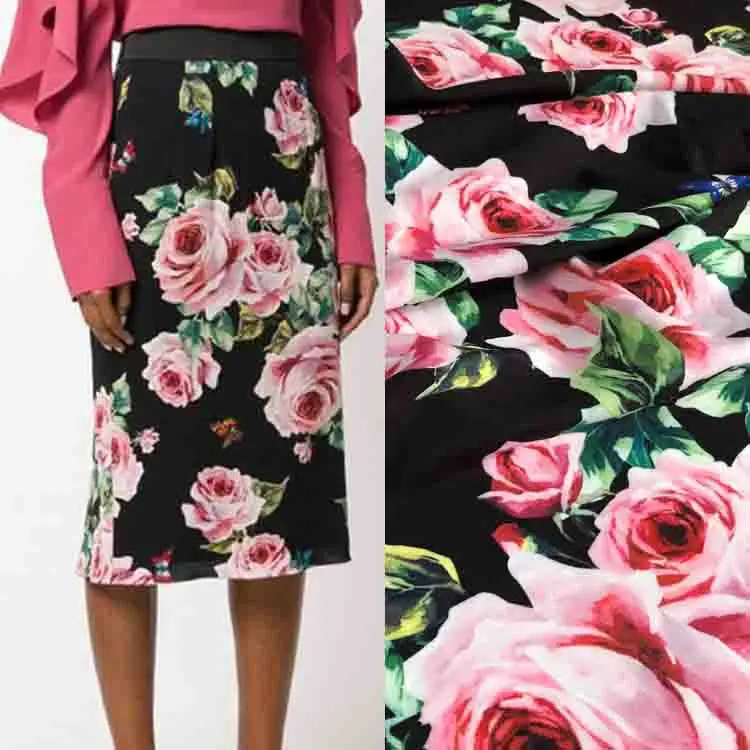 D brand rose flower printing fabric 100% polyester comfortable design sewing fabric for dress