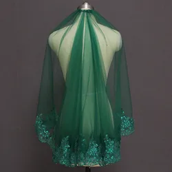 Green Short Wedding Veil Muslim Islamic One Layer Sequins Lace Bridal Veil with Comb Voile Mariage Bride Veils
