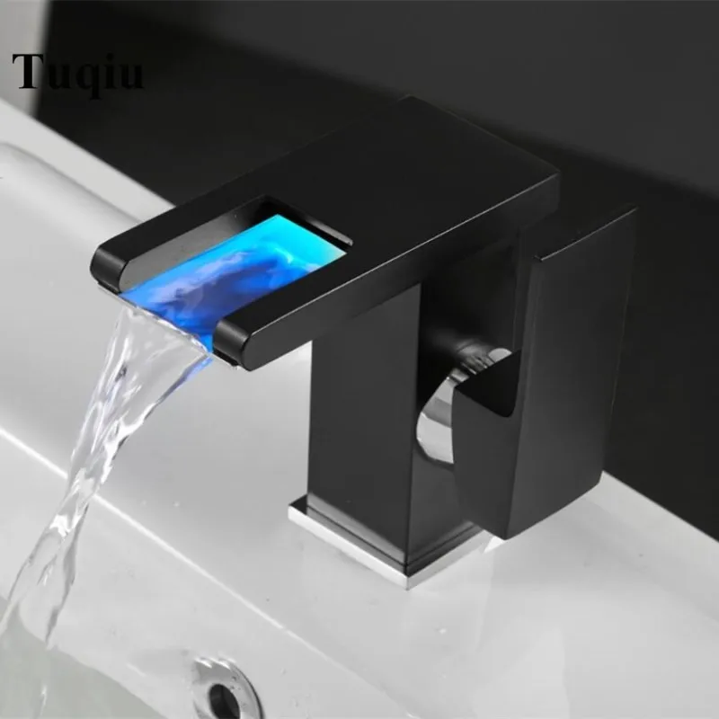 

LED Basin Faucet Waterfall Bathroom Faucet Single handle Basin Mixer hot and cold black Chrome Faucet Brass Sink Water Crane