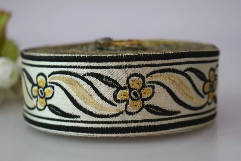 5yards/lots Woven Jacquard Ribbon 4cm  black with gold flowers pattern LS-4333