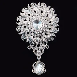 DIEZI Luxury White Crystal Water Drop Brooches for Wedding Women Party Dress Silver Color Rhinestone Bridal Bouquet Brooch pins