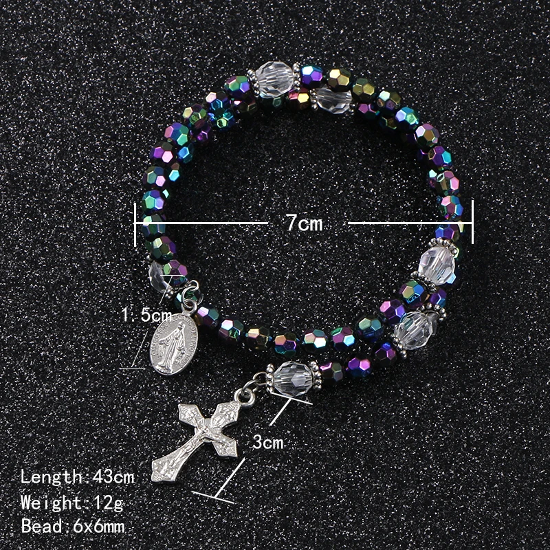 KOMi 6mm Acrylic Double Layer Colored Beads Cross Pendant Bracelet Jesus Religious Orthodox Catholic Charm Rosary Jewelry Gift