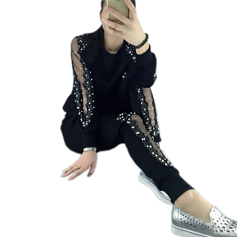 Large Size Spring Black Two Piece Set Women Long Sleeve Hollow Beaded 2 Piece Set Women Round Neck Elastic Waist Suit Female 122