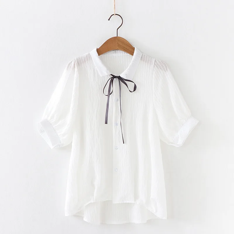 Camisa do Desgaste Da Menina de verão Novas Mulheres de Manga Curta Turn Down Stripe Blusa Top Solto Coreano Bowknot Estudante Estilo Preppy Camisas h9156