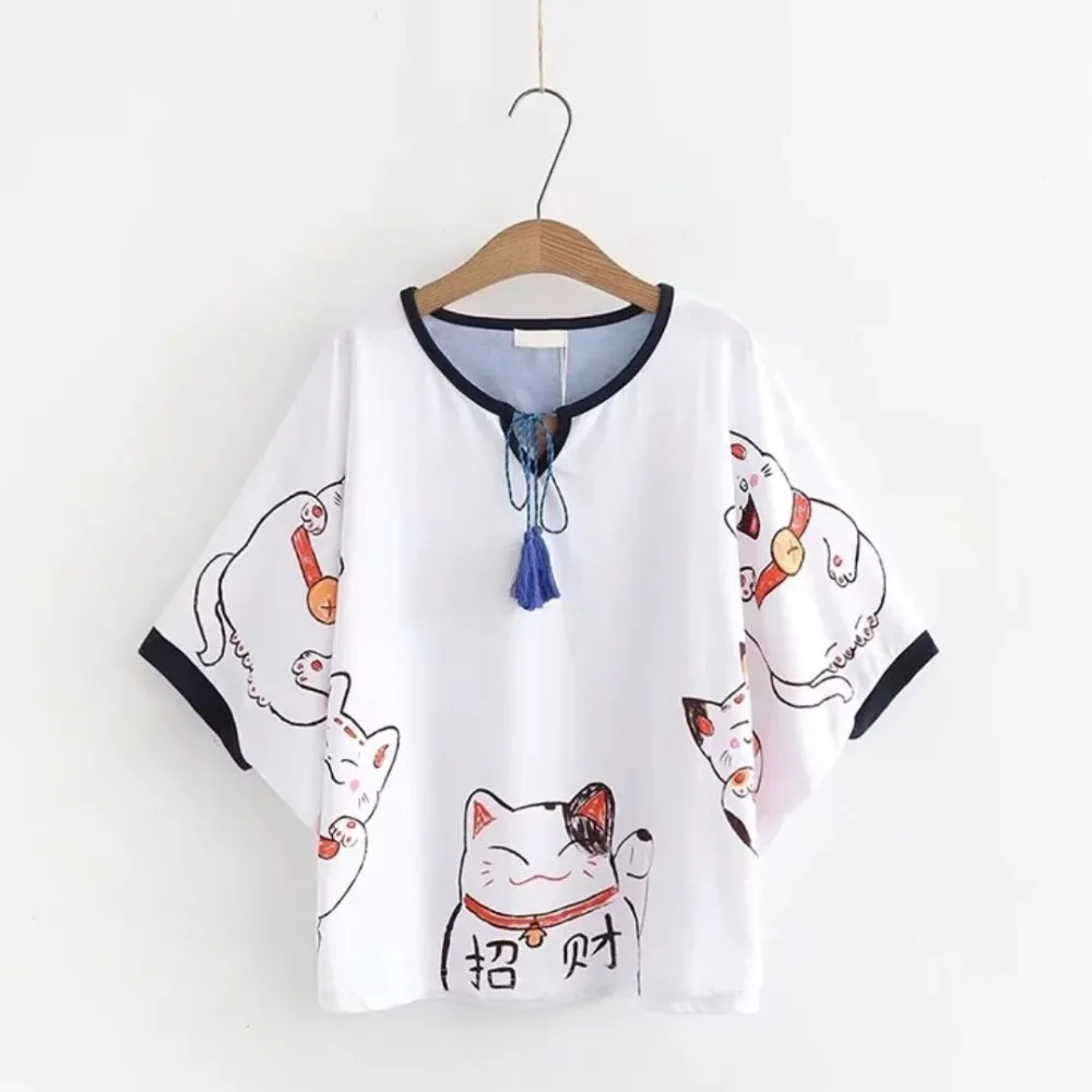 Szblaze-Camiseta de manga curta feminina, estilo anime japonês, desenho estampado de gato sortudo, algodão com o pescoço, harajuku, blusa kawaii, camiseta fofa