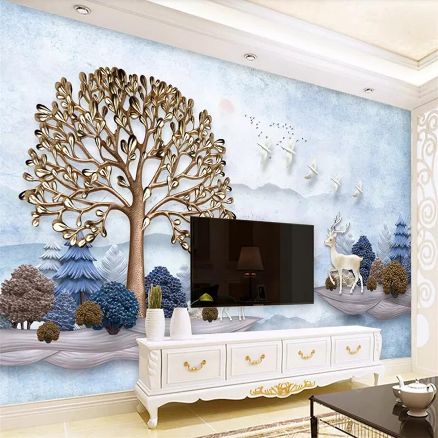 

wellyu Custom wallpaper 3d papel de parede modern minimalist embossed stag deer rich tree living room TV background wallpaper