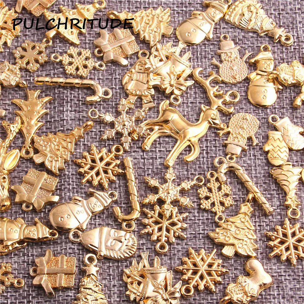 PULCHRITUDE 60pcs Gold Color Christmas Charm Christmas Tree Pendant Deer Snowflakes Charm Mix Charms Diy Jewelry Making c1978