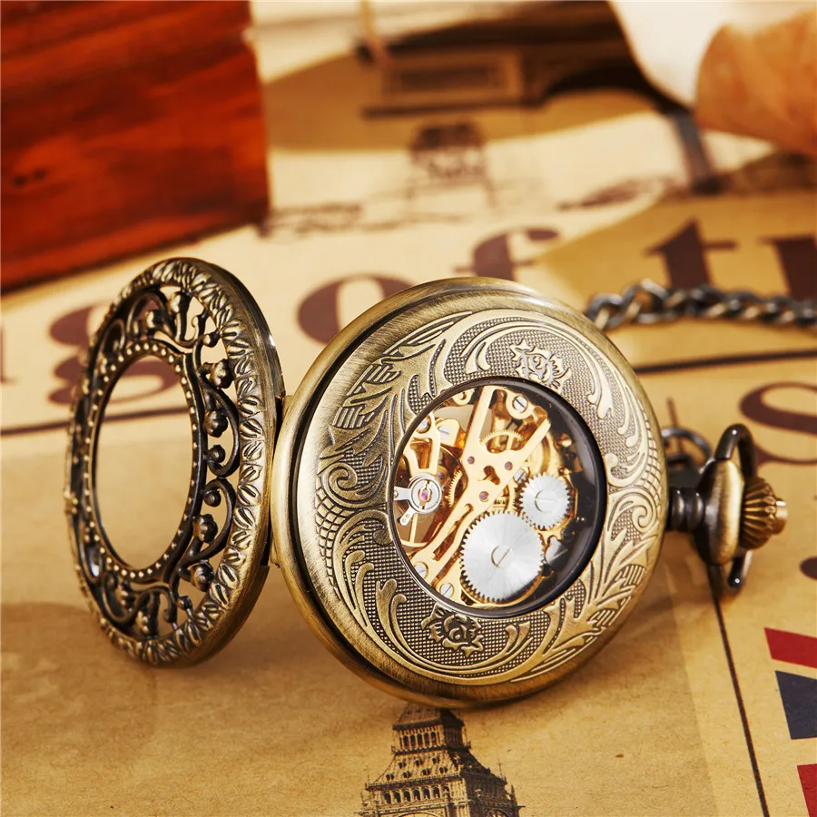 Vintage  Mechanical Pocket Watch With Fob Chain Hollow Hand-winding Pendant Clock Men Women Gold Bronze Watch Gift