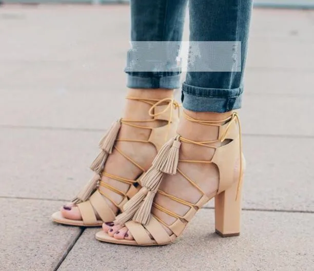 

Thick heels cross-tied lace up sandals summer new peep toe cut-outs high heels gladiator sandal boots tassels ankle booties