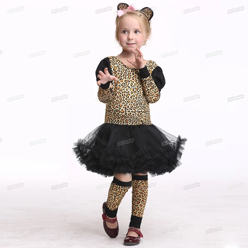 Holiday Funny Leopard Costume Children Girl Cat Tail Cospaly Party Dress Up Tutu Suit Halloween  Kids Christmas S-XL