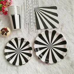 Black Stripe Party Plate Cups Paper Straw Disposable Tableware Sets Wedding Kids Birthday Decor Children Picnic Favors Supplies