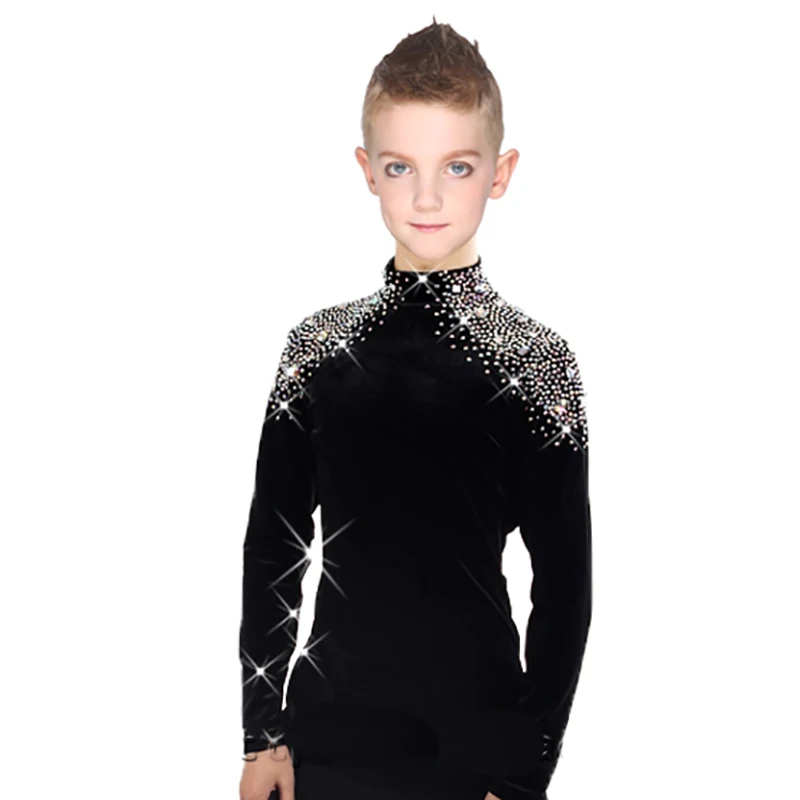 New Latin Dance Shirts Boys Children Black Fabric Rhinestone Shirt Ballroom Tops Boy Male Professional Competition Clothes N7001