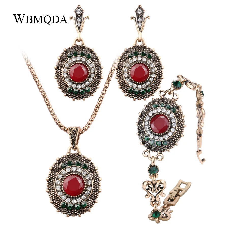 3Pcs/lot Vintage Wedding Jewelry Sets For Women Dubai Antique Gold Color Bracelet Earrings And Necklaces Turkey Crystal Party